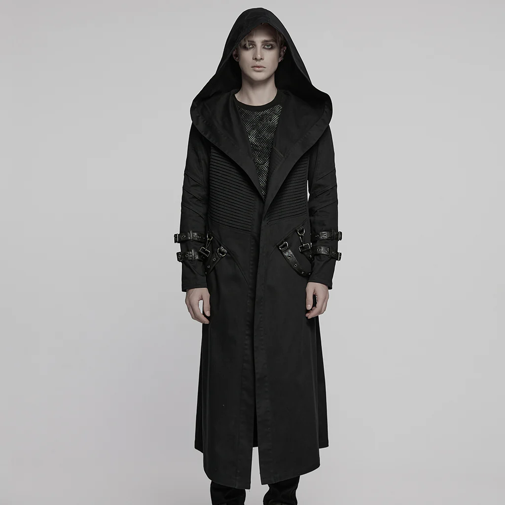 WY-1771XCM Gothic Hooded Punk Coat with Straps and Ribbed Detailing