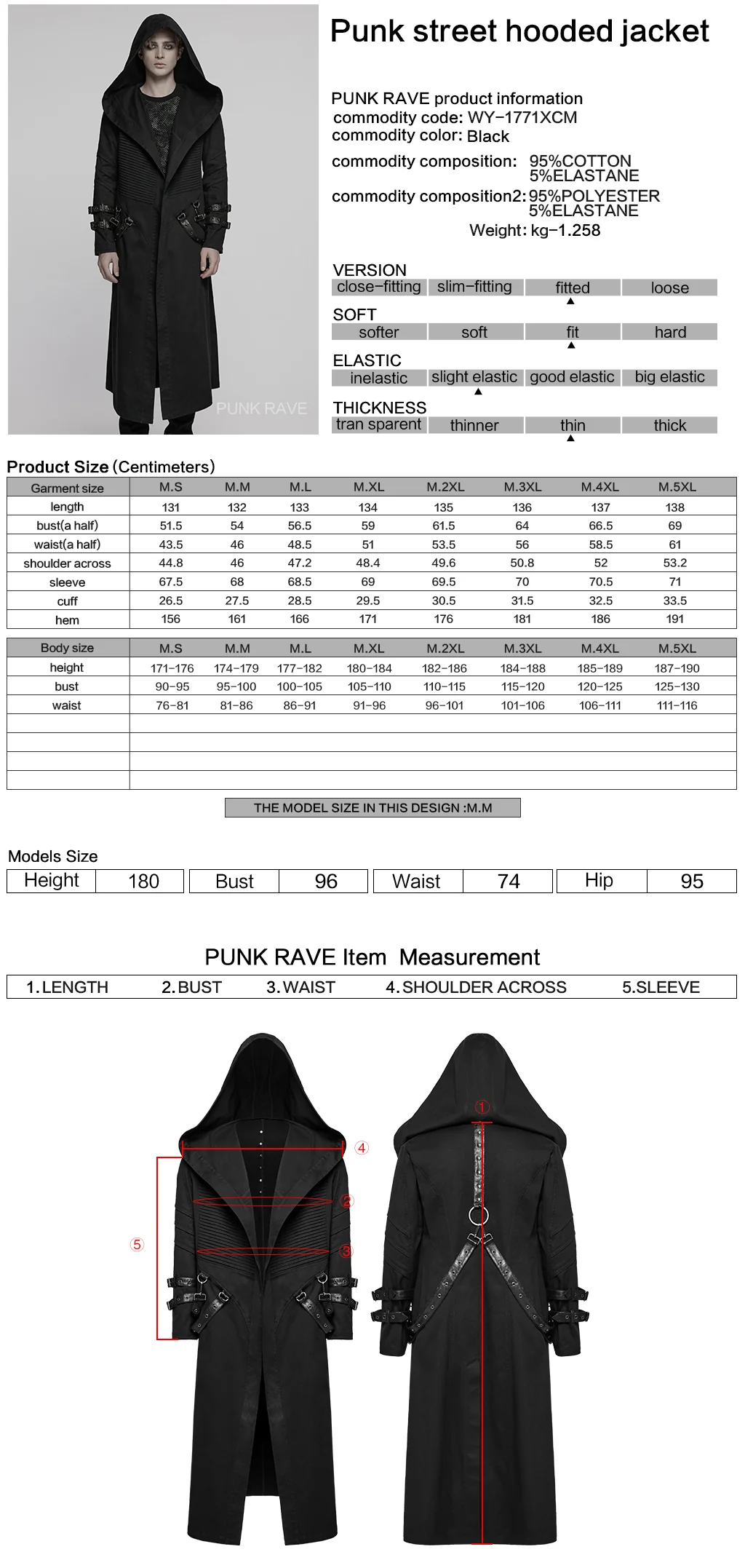 WY-1771XCM Gothic Hooded Punk Coat with Straps and Ribbed Detailing - Image 2