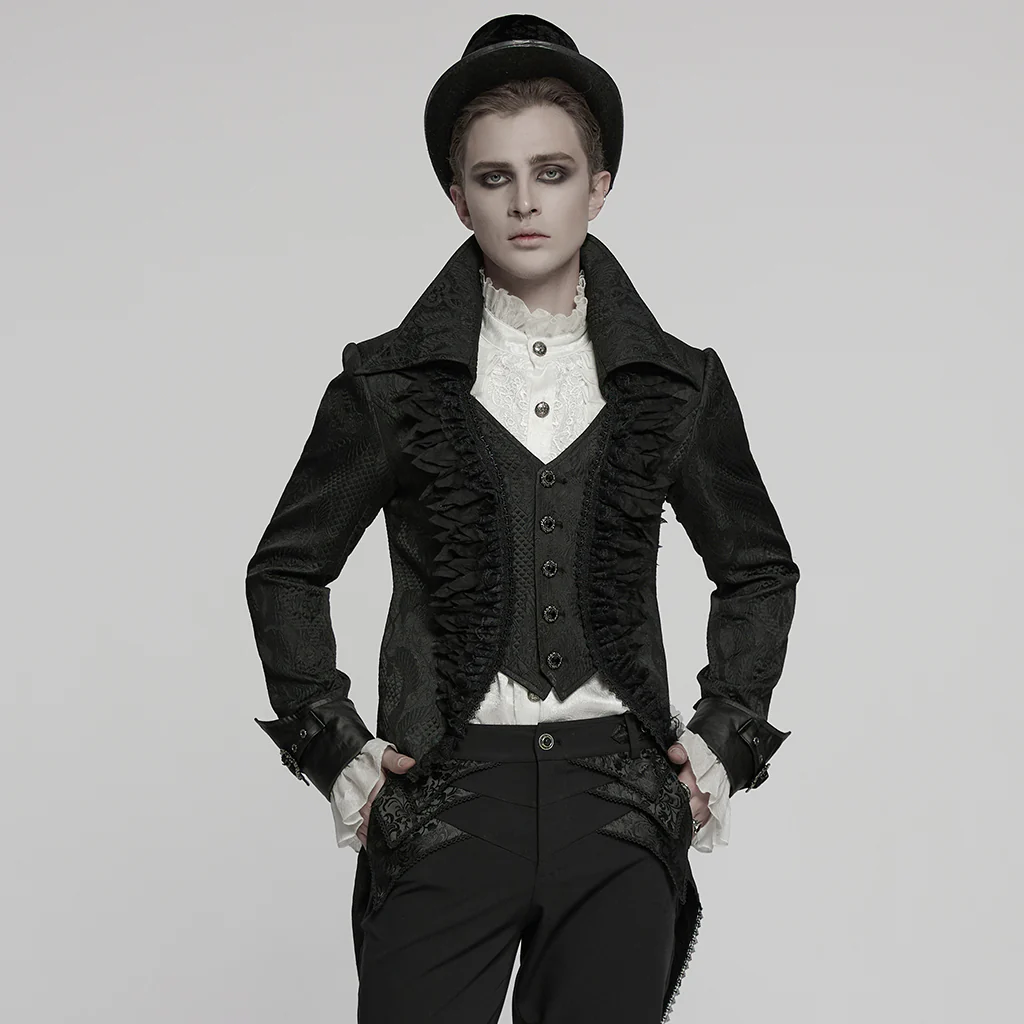 WY-1773XCM Steampunk Victorian Gothic Coat with Ruffled Lapel and Tail Hem
