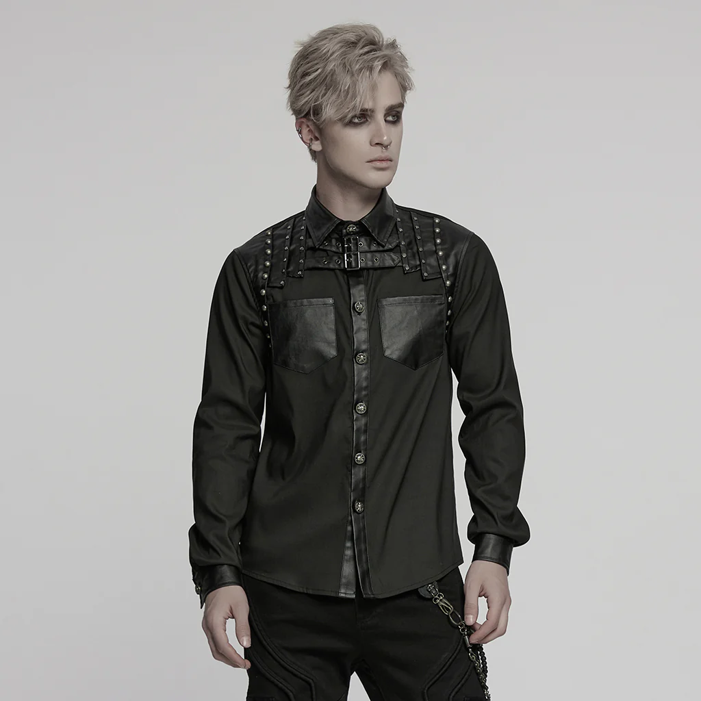 WY-1774CCM Punk Shirts Studded Leather Accent Button-Up Long Sleeve Top