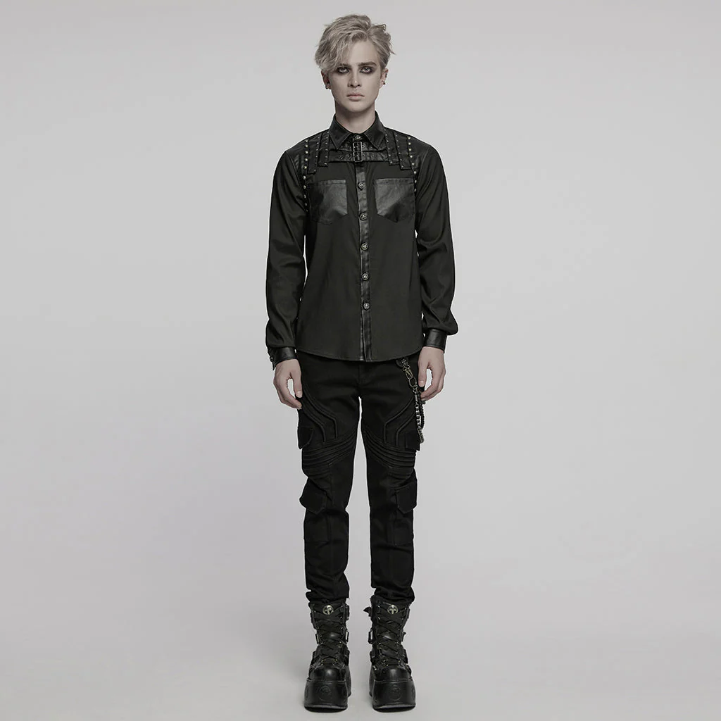 WY-1774CCM Punk Shirts Studded Leather Accent Button-Up Long Sleeve Top - Image 15