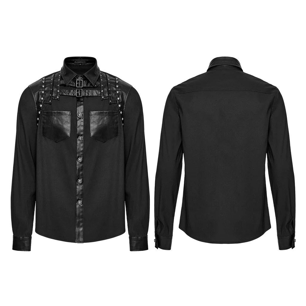 WY-1774CCM Punk Shirts Studded Leather Accent Button-Up Long Sleeve Top - Image 16