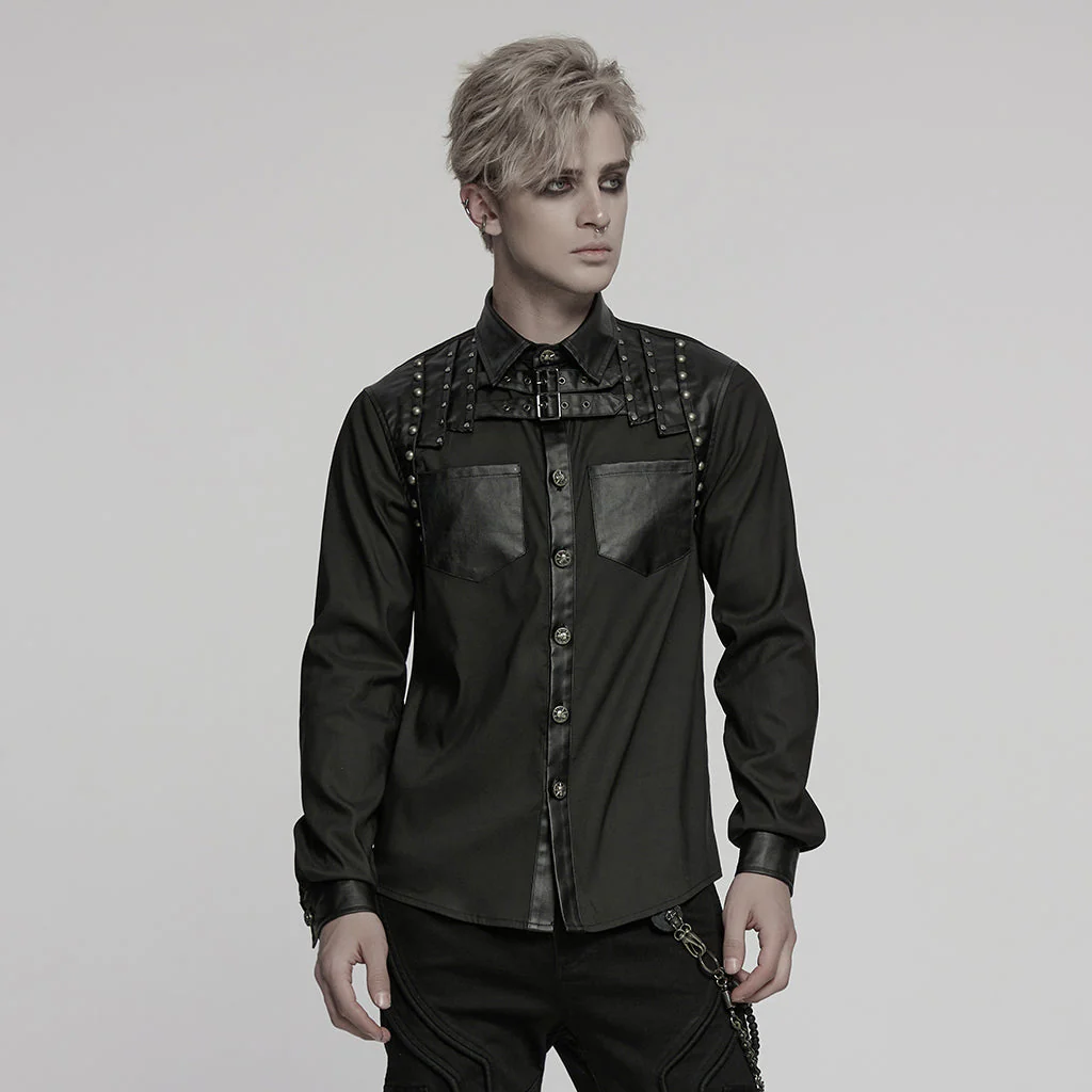 WY-1774CCM Punk Shirts Studded Leather Accent Button-Up Long Sleeve Top - Image 21
