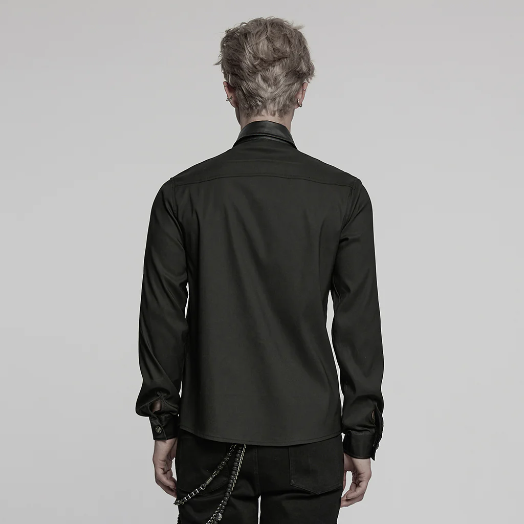 WY-1774CCM Punk Shirts Studded Leather Accent Button-Up Long Sleeve Top - Image 4