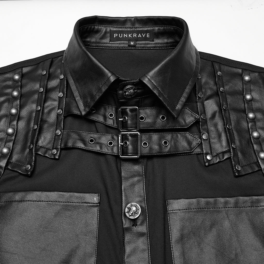 WY-1774CCM Punk Shirts Studded Leather Accent Button-Up Long Sleeve Top - Image 7