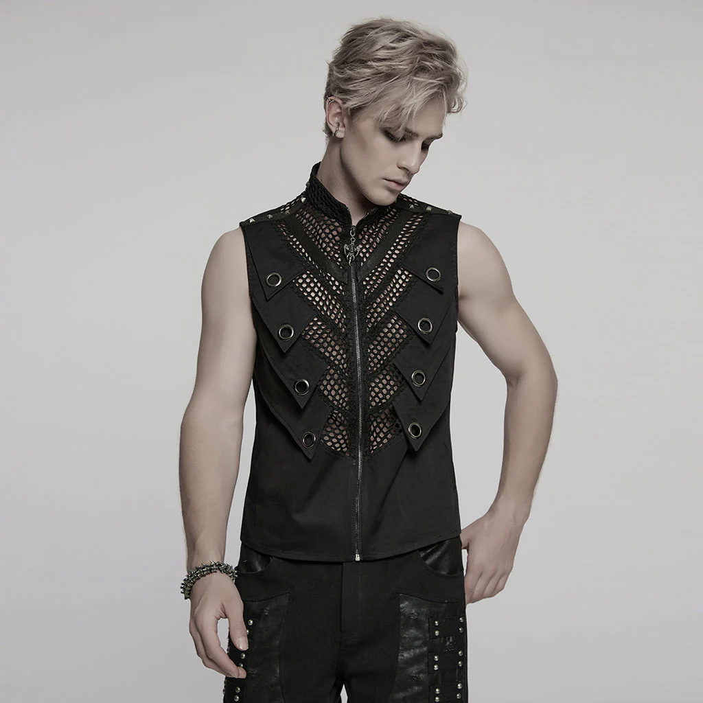 WY-1776MJM Gothic Punk Vests for Men Eyelet Mesh Layered Design - Image 21
