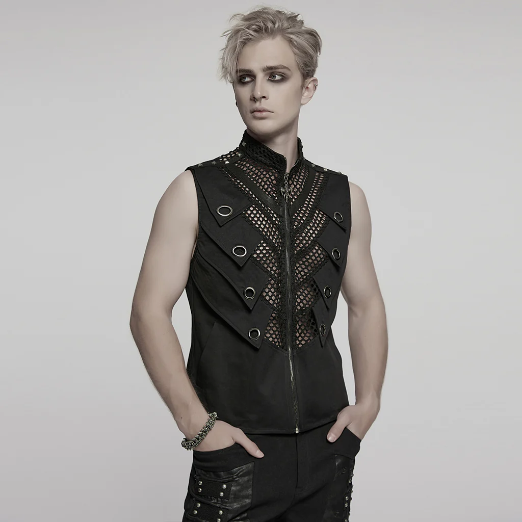 WY-1776MJM Gothic Punk Vests for Men Eyelet Mesh Layered Design - Image 3