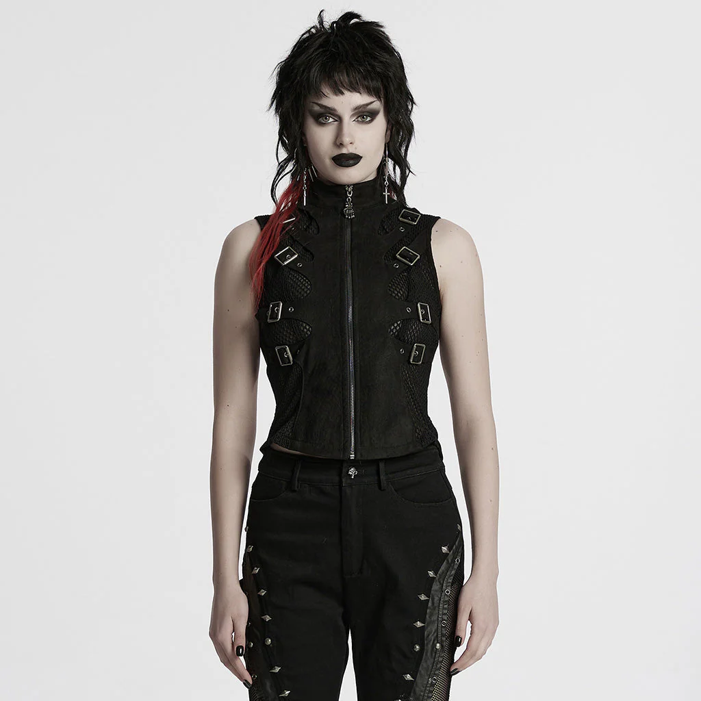 WY-1780MJF Edgy Buckle-Accent Black Punk Vests Sleeveless Zipper Front - Image 11
