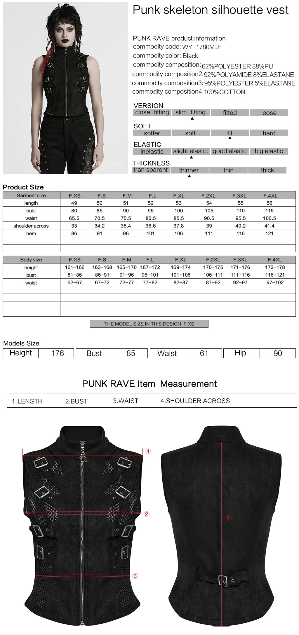 WY-1780MJF Edgy Buckle-Accent Black Punk Vests Sleeveless Zipper Front - Image 12