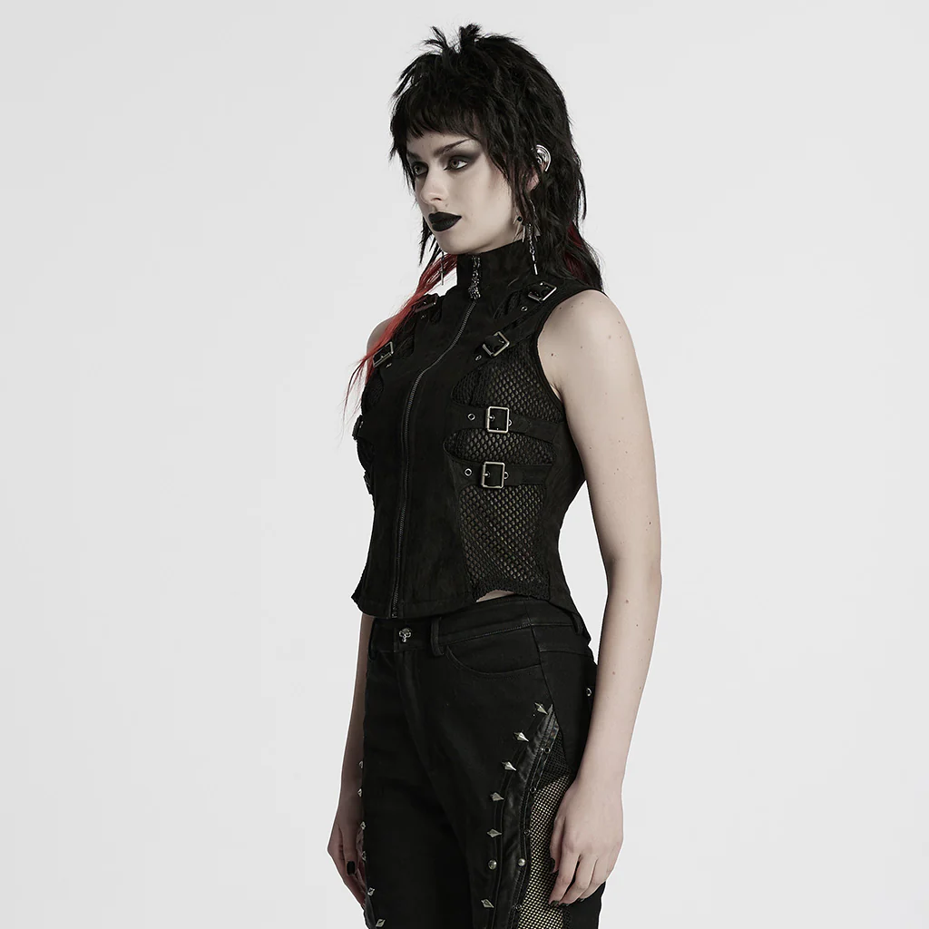 WY-1780MJF Edgy Buckle-Accent Black Punk Vests Sleeveless Zipper Front - Image 3