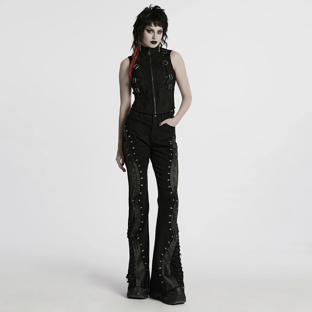 WY-1780MJF Edgy Buckle-Accent Black Punk Vests Sleeveless Zipper Front - Image 5