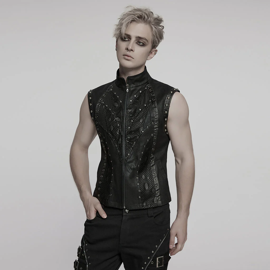 WY-1781MJM Edgy Black Leather Gothic Studded Punk Vests with Lace Detailing - Image 19