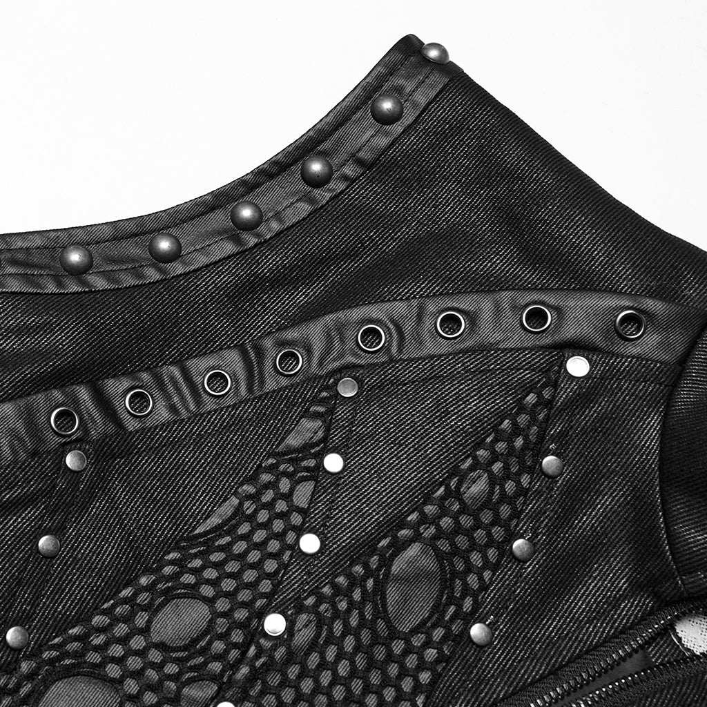 WY-1781MJM Edgy Black Leather Gothic Studded Punk Vests with Lace Detailing - Image 24