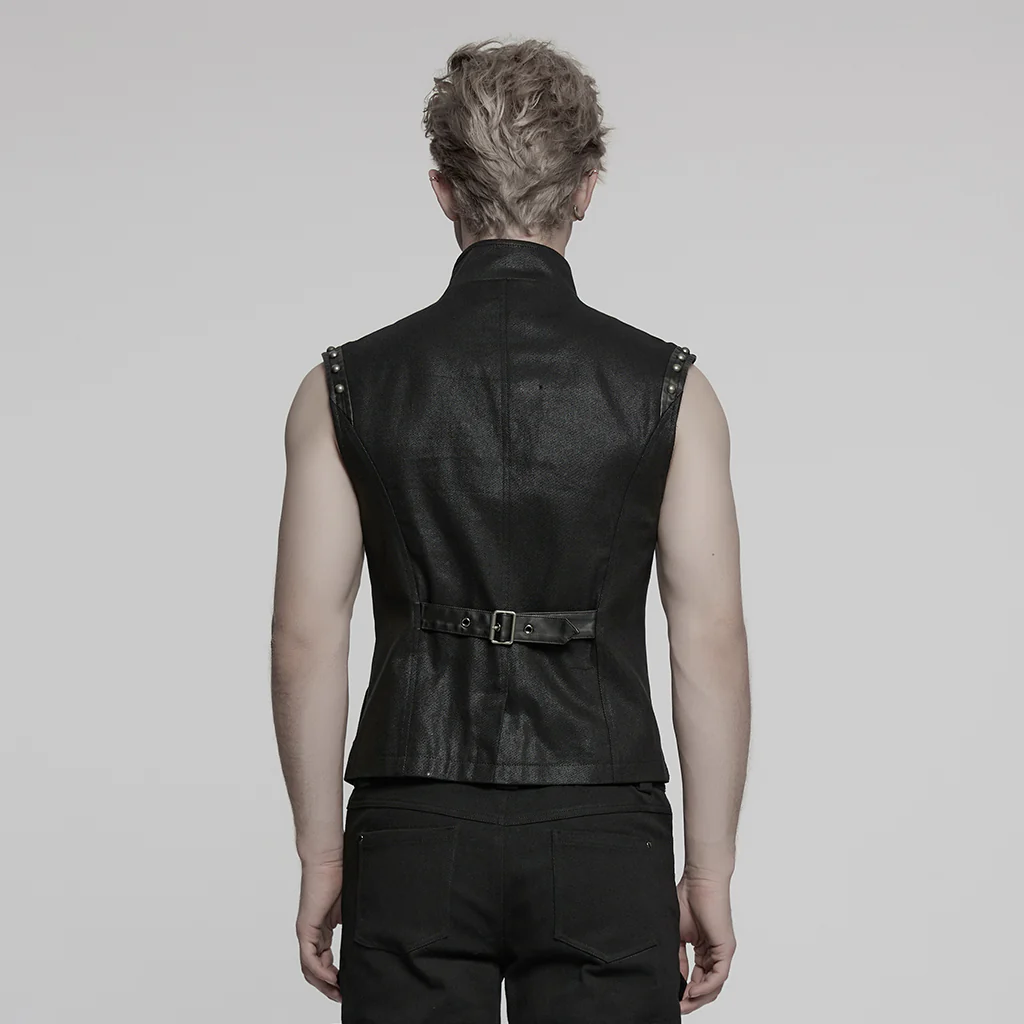 WY-1781MJM Edgy Black Leather Gothic Studded Punk Vests with Lace Detailing - Image 4
