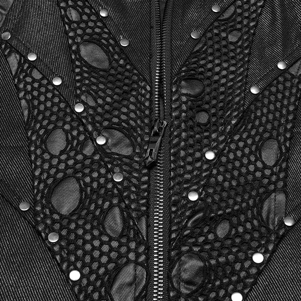 WY-1781MJM Edgy Black Leather Gothic Studded Punk Vests with Lace Detailing - Image 7