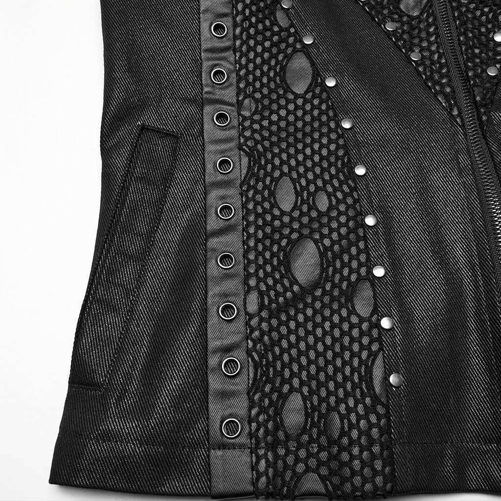 WY-1781MJM Edgy Black Leather Gothic Studded Punk Vests with Lace Detailing - Image 9