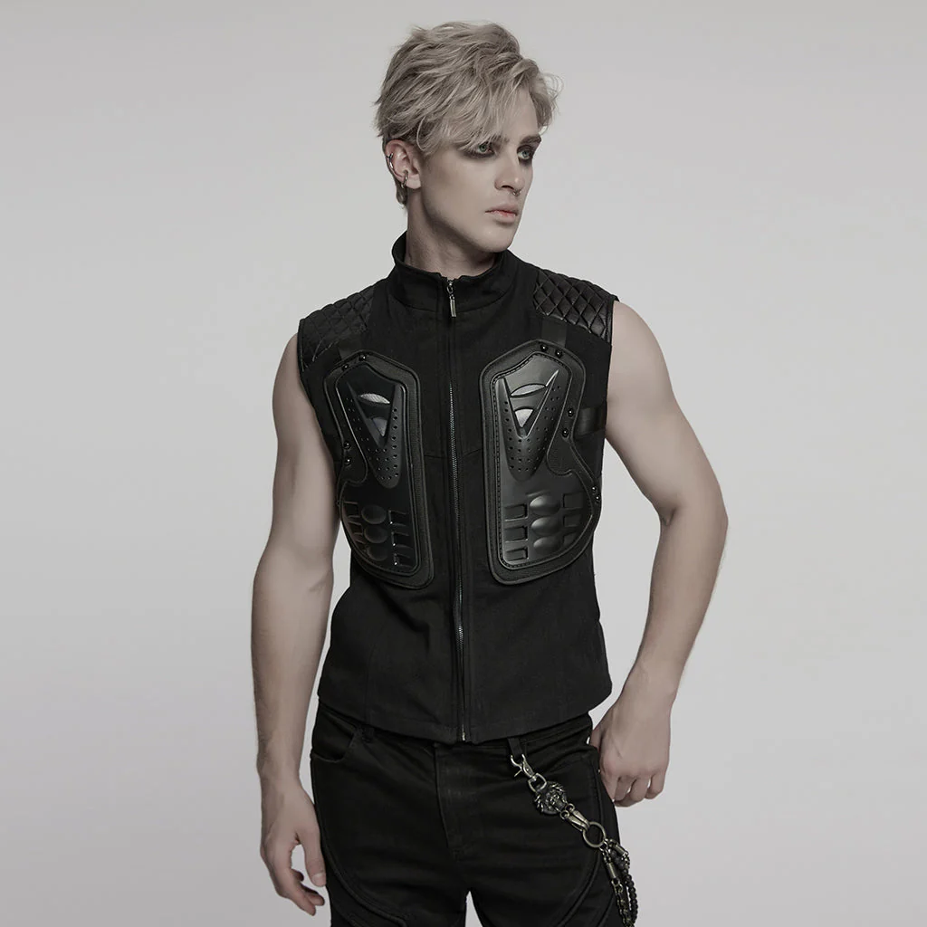 WY-1783MJM Mens Quilted Leather Panel Punk Vests Tactical Gothic Style - Image 11