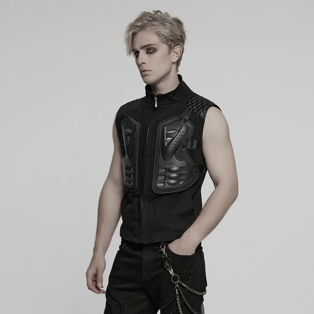 WY-1783MJM Mens Quilted Leather Panel Punk Vests Tactical Gothic Style - Image 3