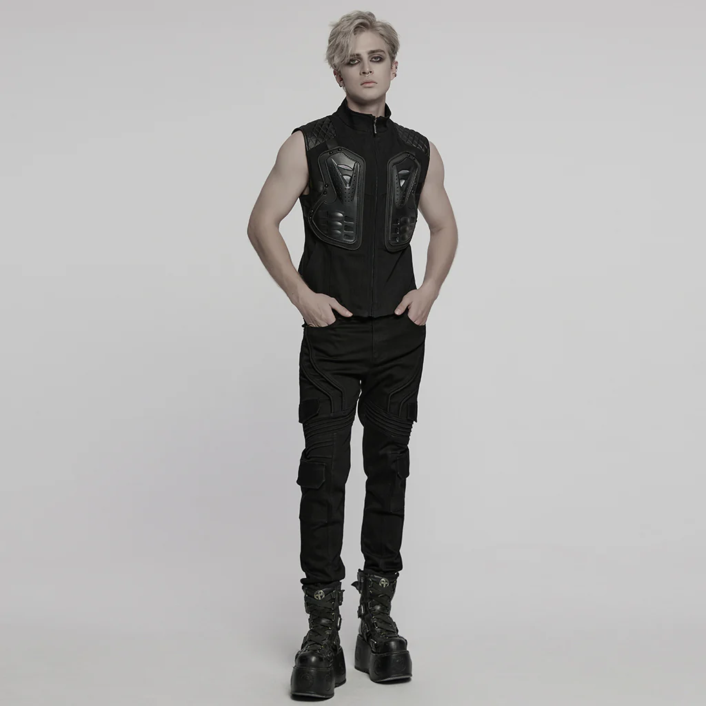 WY-1783MJM Mens Quilted Leather Panel Punk Vests Tactical Gothic Style - Image 5
