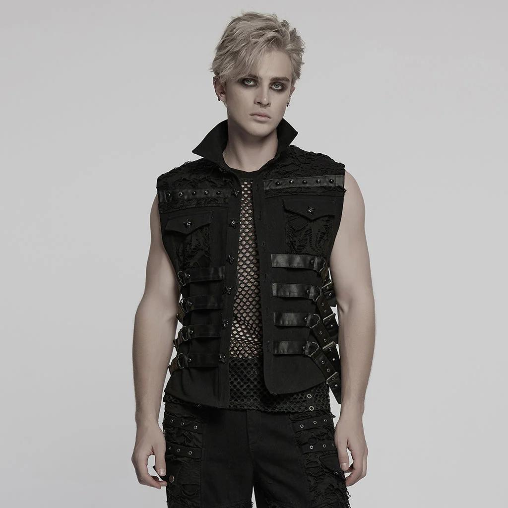 WY-1784MJM Edgy Studded Black Punk Vests with Mesh and Straps - Image 20