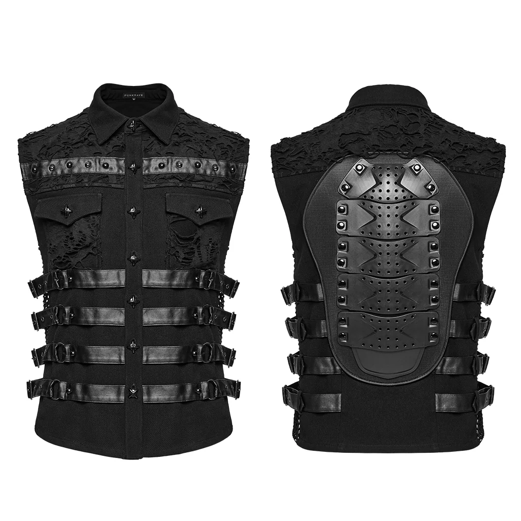 WY-1784MJM Edgy Studded Black Punk Vests with Mesh and Straps - Image 6