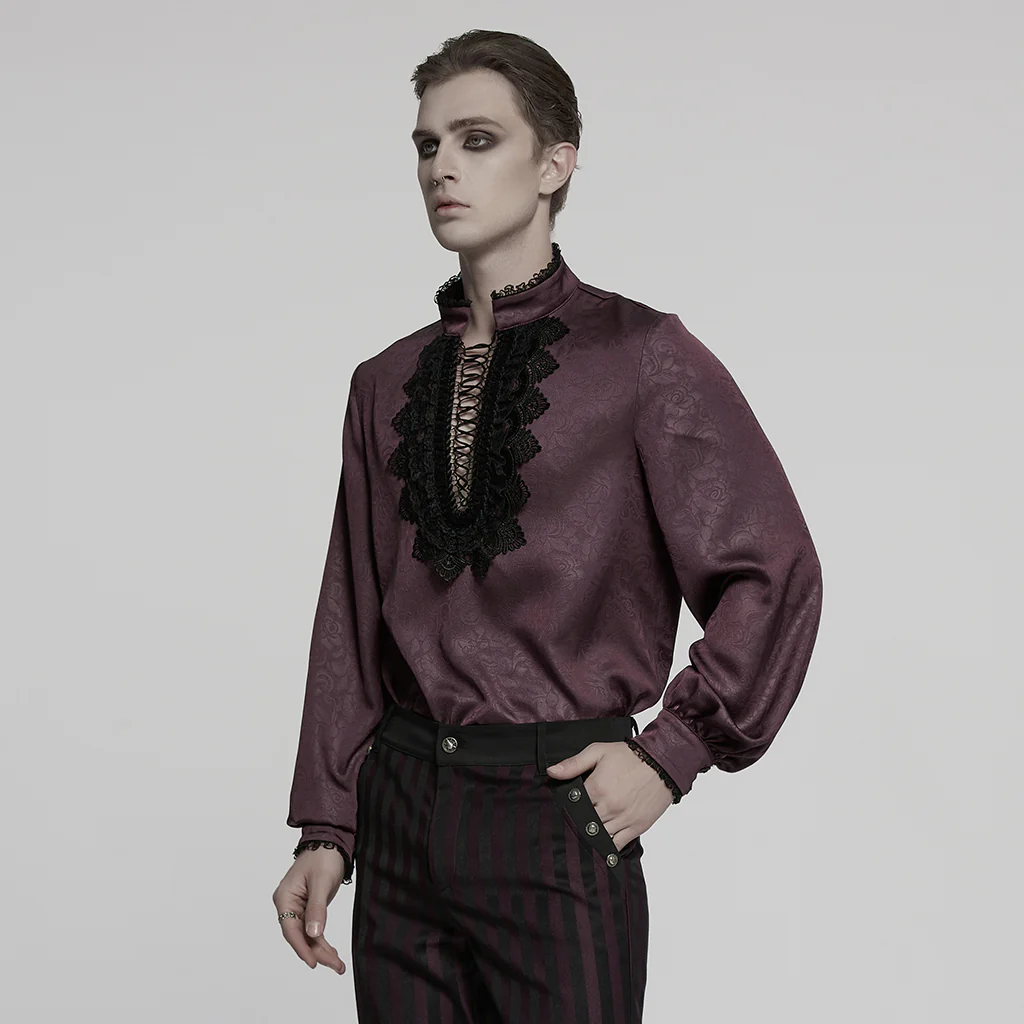 WY-1785CCM Mens Lace-Up Brocade Gothic Shirts Victorian-Style Long Sleeve - Image 13