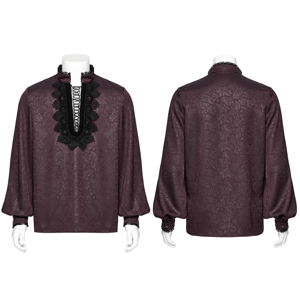 WY-1785CCM Mens Lace-Up Brocade Gothic Shirts Victorian-Style Long Sleeve - Image 16