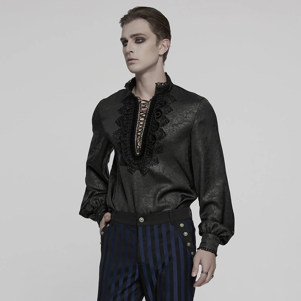 WY-1785CCM Mens Lace-Up Brocade Gothic Shirts Victorian-Style Long Sleeve - Image 22