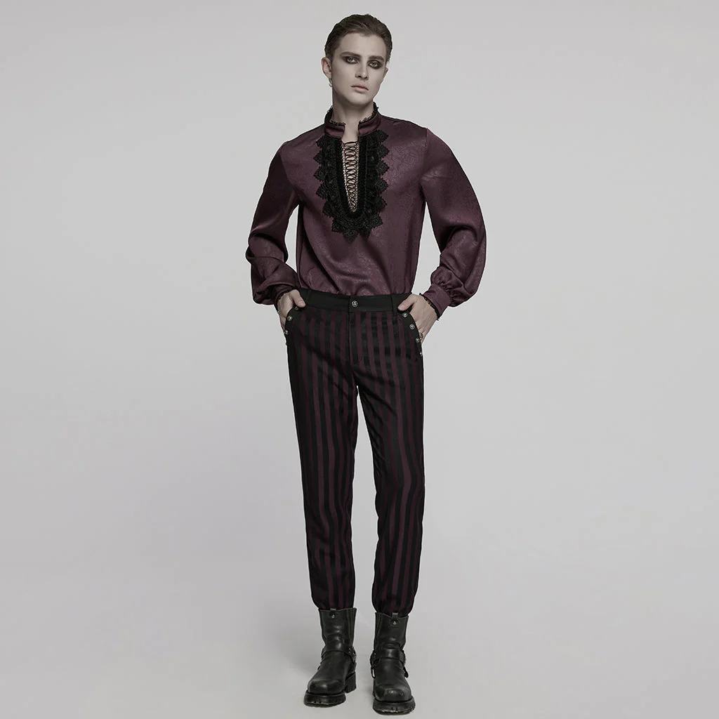 WY-1785CCM Mens Lace-Up Brocade Gothic Shirts Victorian-Style Long Sleeve - Image 34