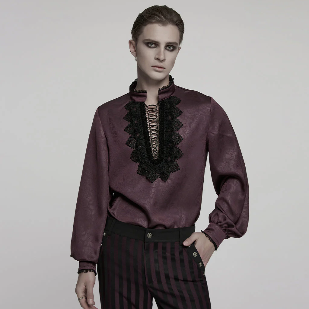 WY-1785CCM Mens Lace-Up Brocade Gothic Shirts Victorian-Style Long Sleeve - Image 49