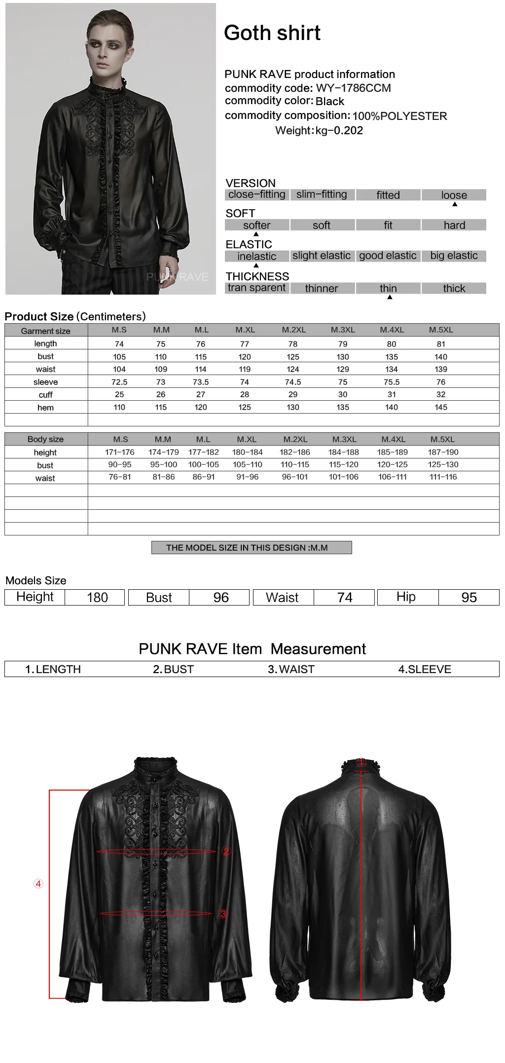 WY-1786CCM Gothic Shirts Black Embroidered Victorian Style Ruffled Collar - Image 2