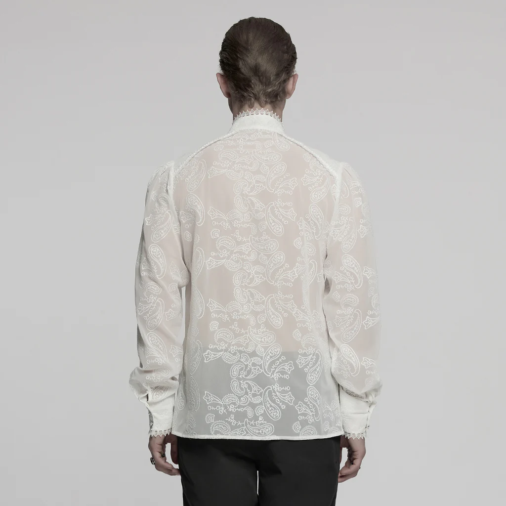 WY-1787CCM Elegant Sheer Lace Button-Up Gothic Shirt with High Collar - Image 15