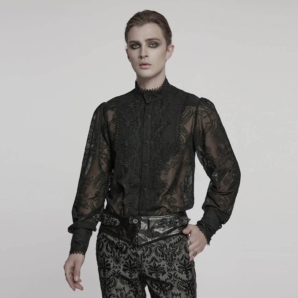 WY-1787CCM Elegant Sheer Lace Button-Up Gothic Shirt with High Collar - Image 20