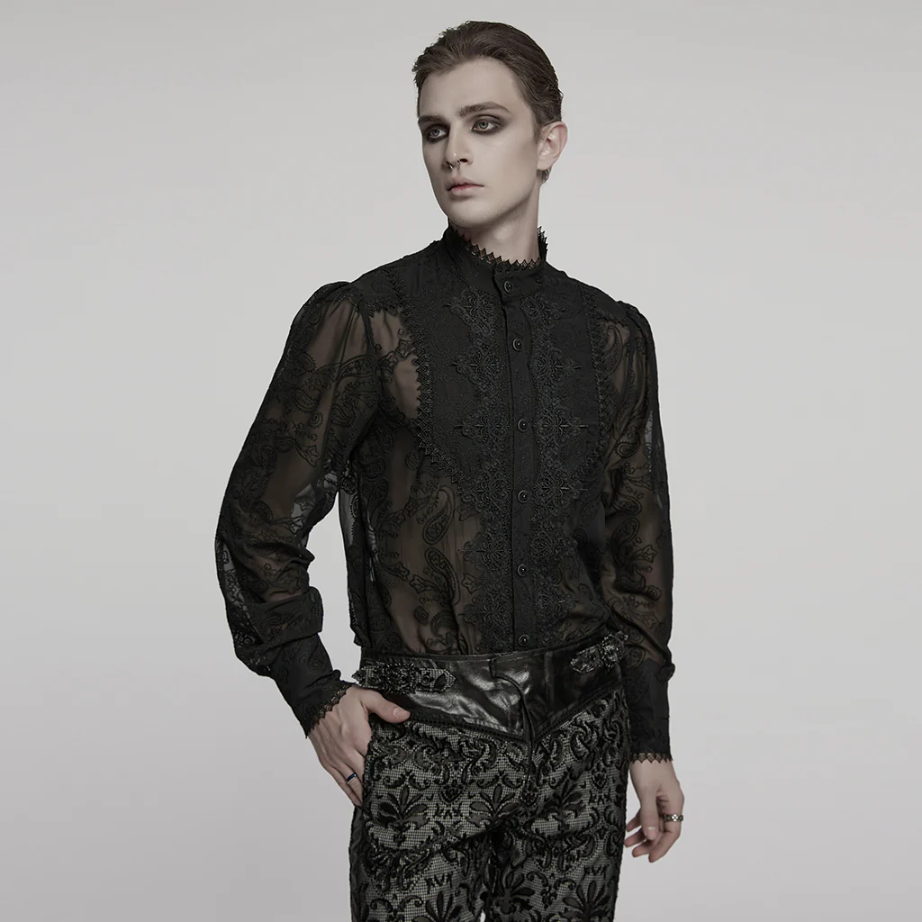 WY-1787CCM Elegant Sheer Lace Button-Up Gothic Shirt with High Collar - Image 3