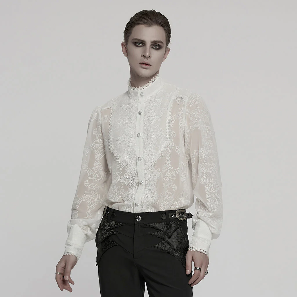 WY-1787CCM Elegant Sheer Lace Button-Up Gothic Shirt with High Collar - Image 30