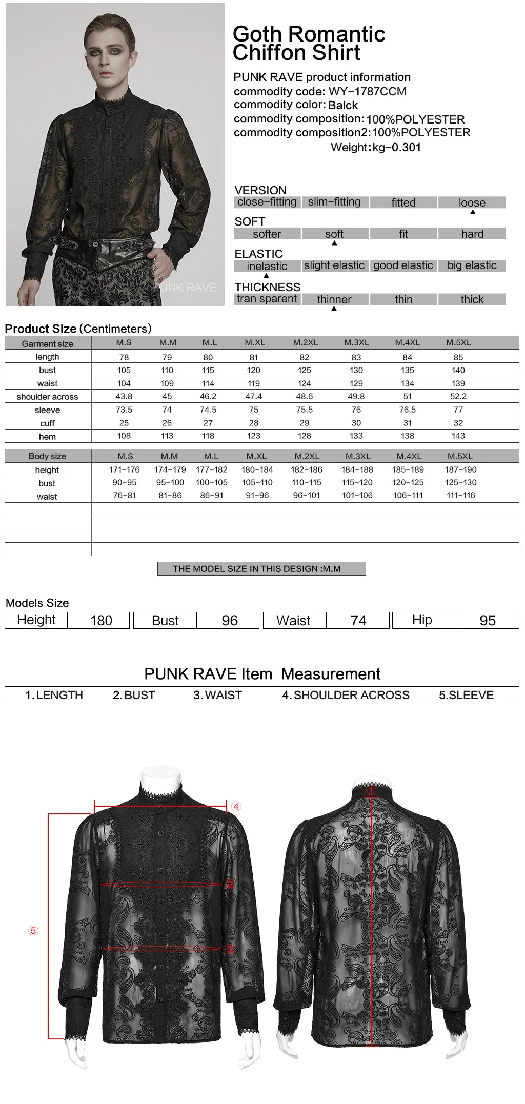 WY-1787CCM Elegant Sheer Lace Button-Up Gothic Shirt with High Collar - Image 37