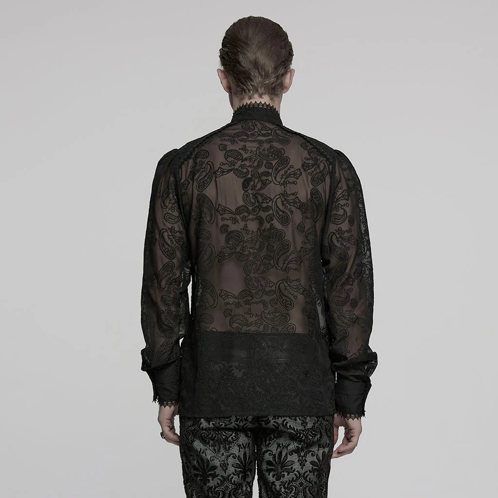 WY-1787CCM Elegant Sheer Lace Button-Up Gothic Shirt with High Collar - Image 39