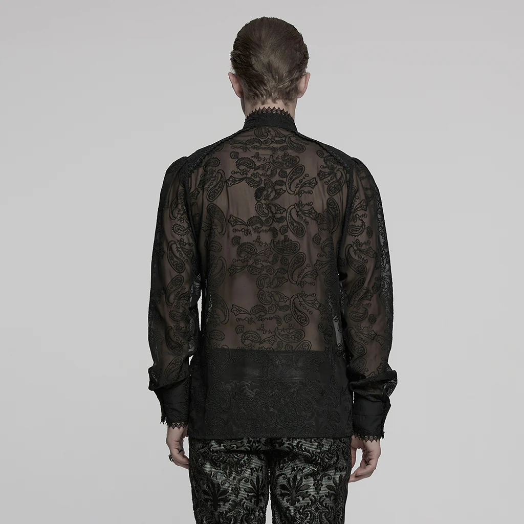 WY-1787CCM Elegant Sheer Lace Button-Up Gothic Shirt with High Collar - Image 4