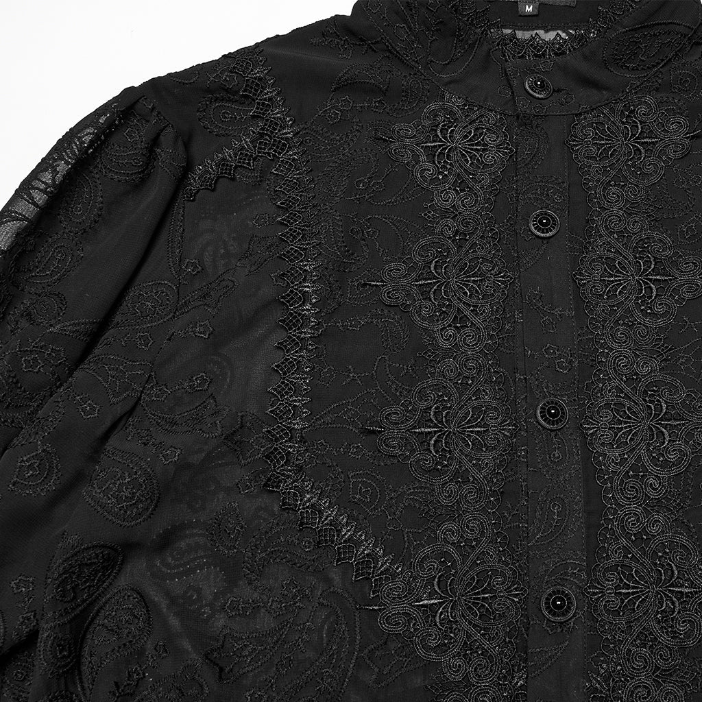 WY-1787CCM Elegant Sheer Lace Button-Up Gothic Shirt with High Collar - Image 43