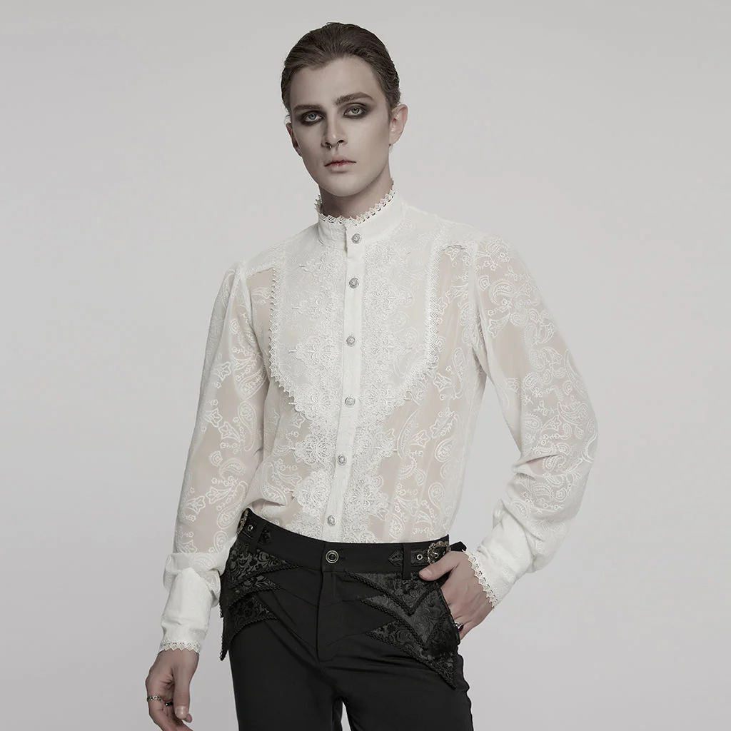 WY-1787CCM Elegant Sheer Lace Button-Up Gothic Shirt with High Collar - Image 48
