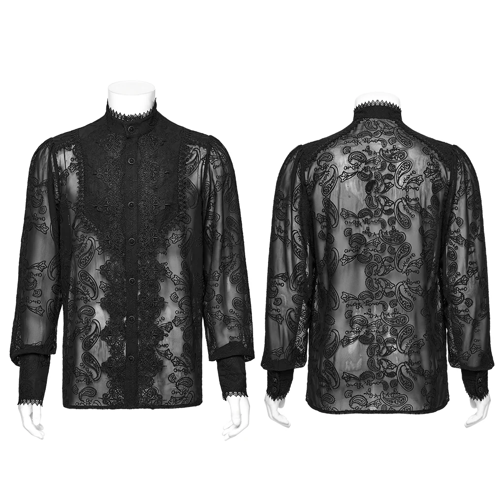 WY-1787CCM Elegant Sheer Lace Button-Up Gothic Shirt with High Collar - Image 6