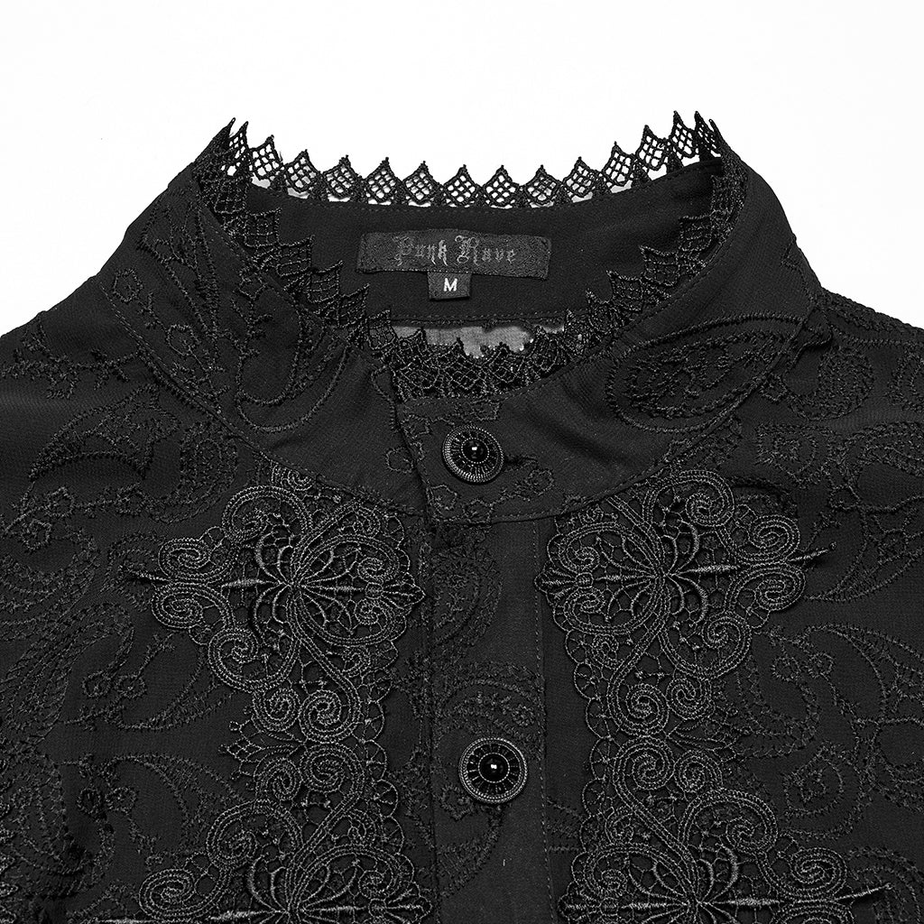 WY-1787CCM Elegant Sheer Lace Button-Up Gothic Shirt with High Collar - Image 7