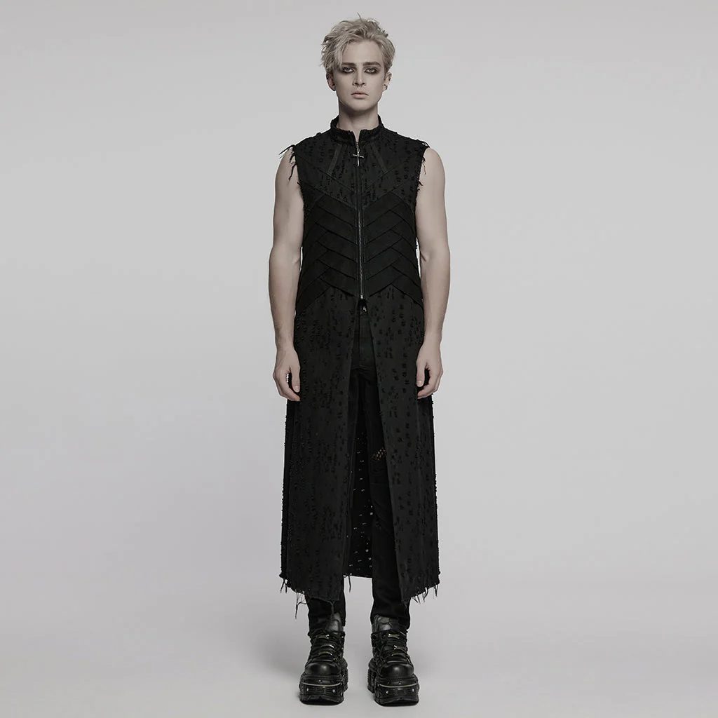 WY-1792MJM Mens Gothic Sleeveless Coat with Frayed Edge Details - Image 14
