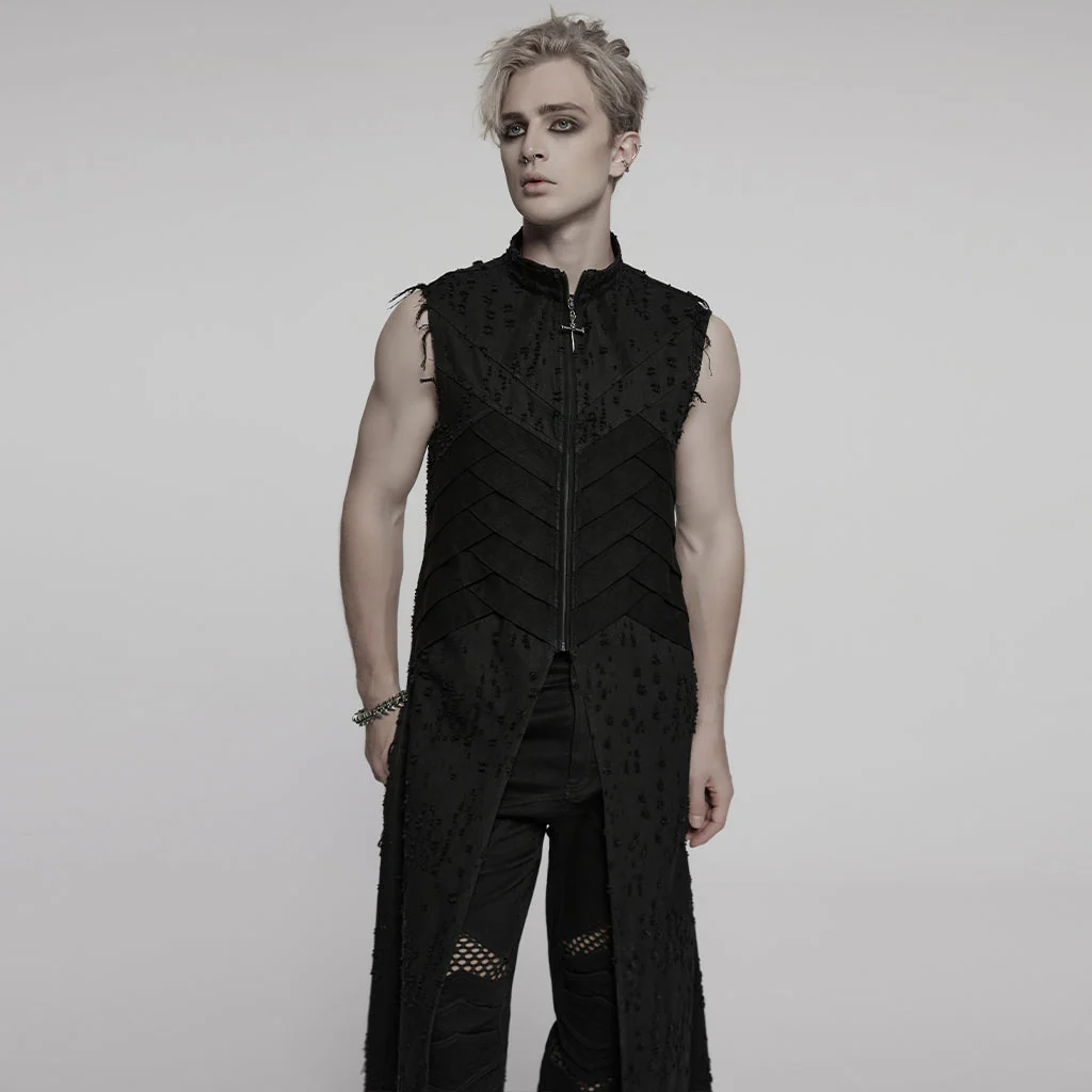WY-1792MJM Mens Gothic Sleeveless Coat with Frayed Edge Details - Image 19
