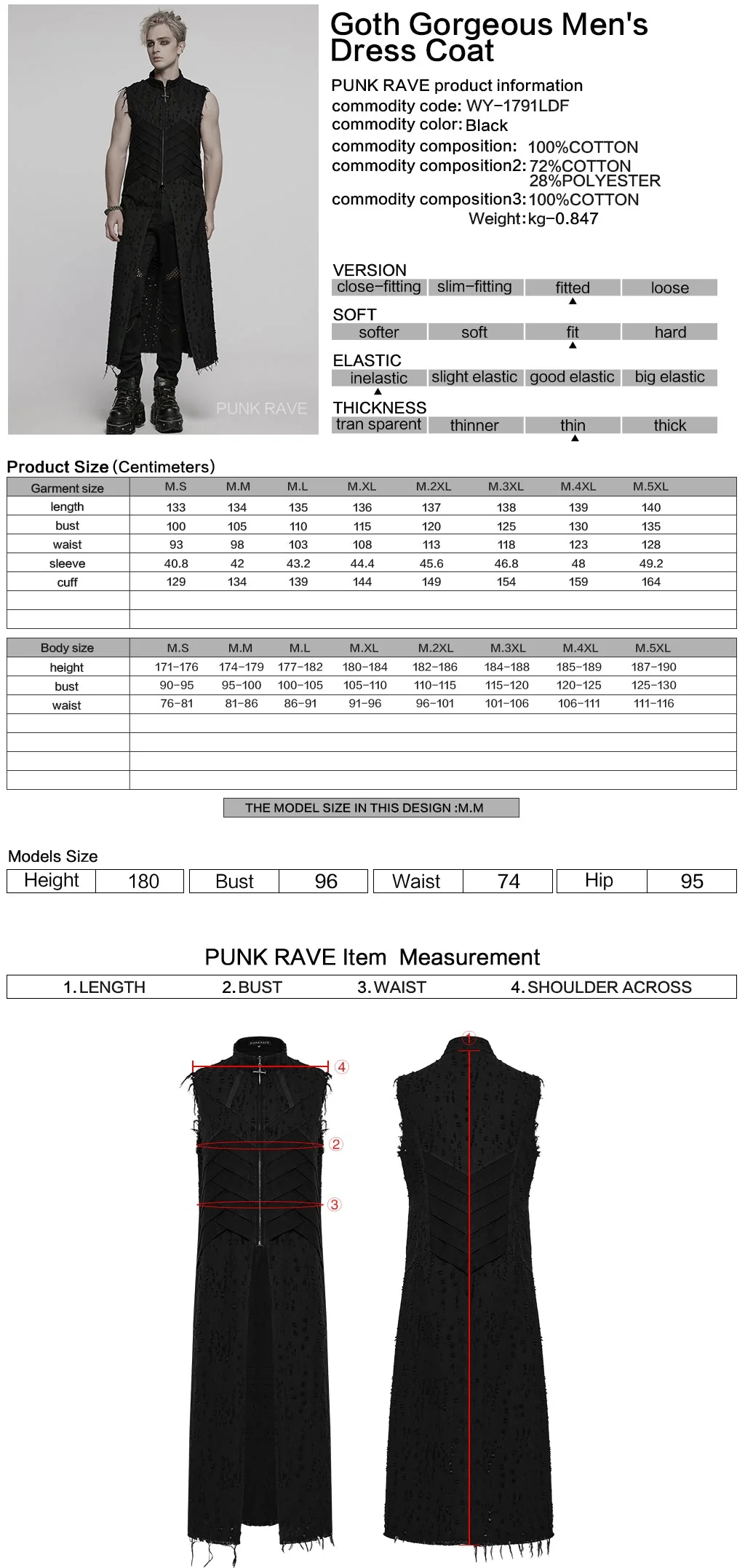 WY-1792MJM Mens Gothic Sleeveless Coat with Frayed Edge Details - Image 20