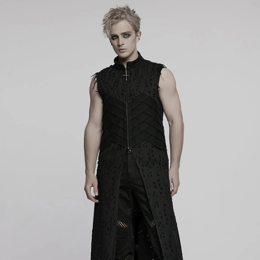 WY-1792MJM Mens Gothic Sleeveless Coat with Frayed Edge Details - Image 21