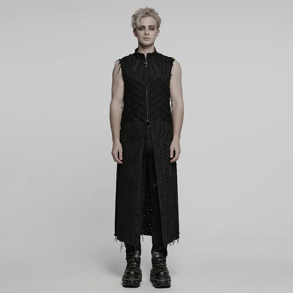 WY-1792MJM Mens Gothic Sleeveless Coat with Frayed Edge Details - Image 5