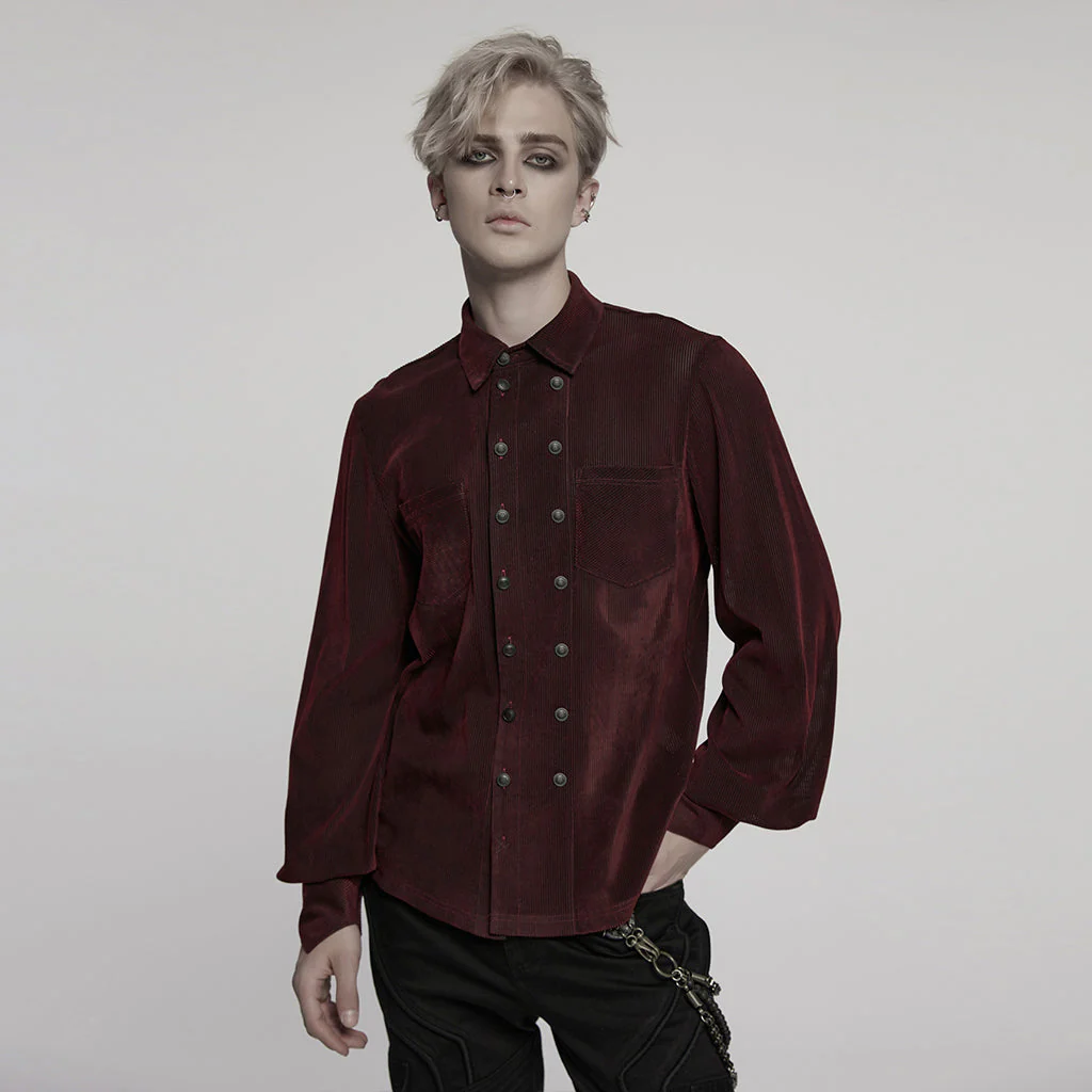 WY-1794CCM Mens Gothic Velvet Double Breasted Burgundy Shirt Trendy - Image 21
