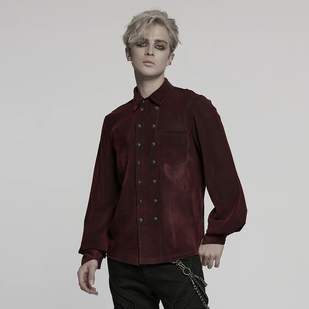 WY-1794CCM Mens Gothic Velvet Double Breasted Burgundy Shirt Trendy - Image 3