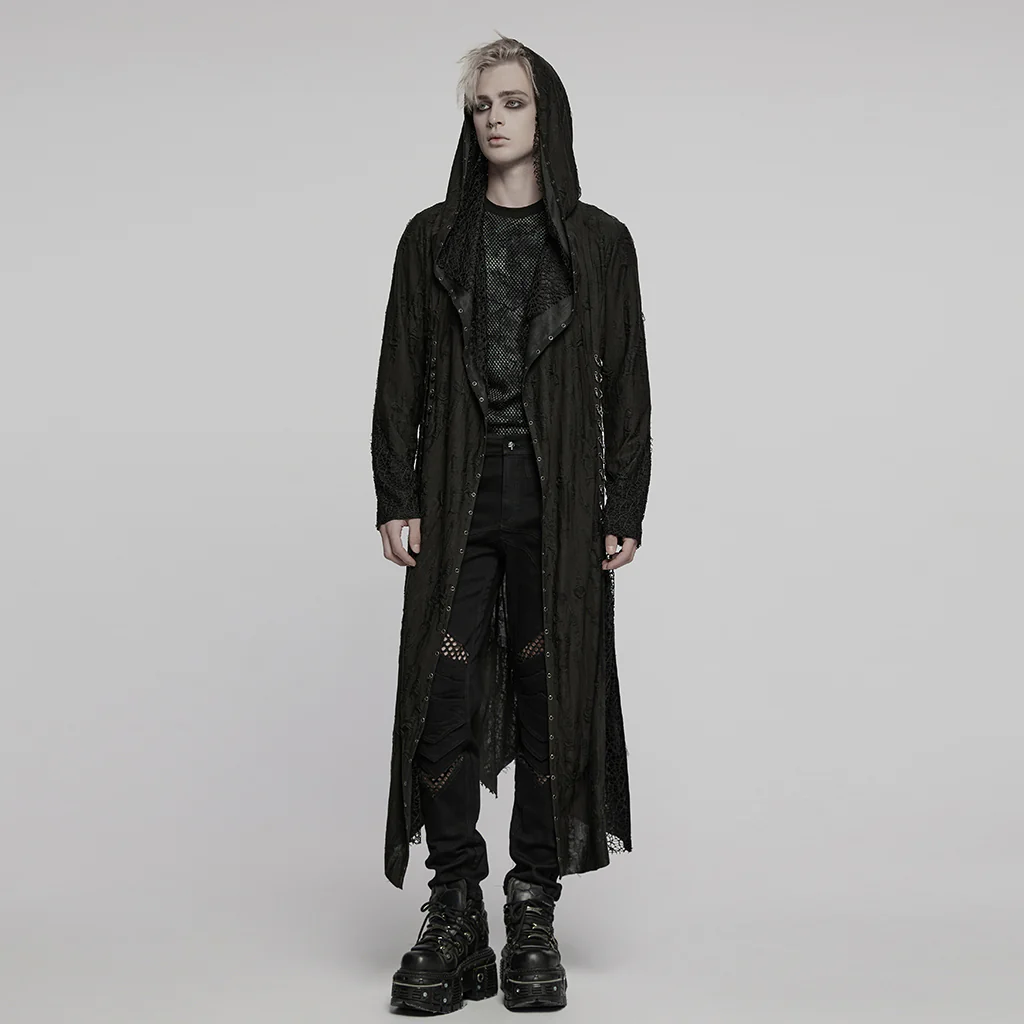 WY-1795XCM Mens Gothic Jacket Hooded Long Trench Coat with Chains - Image 5